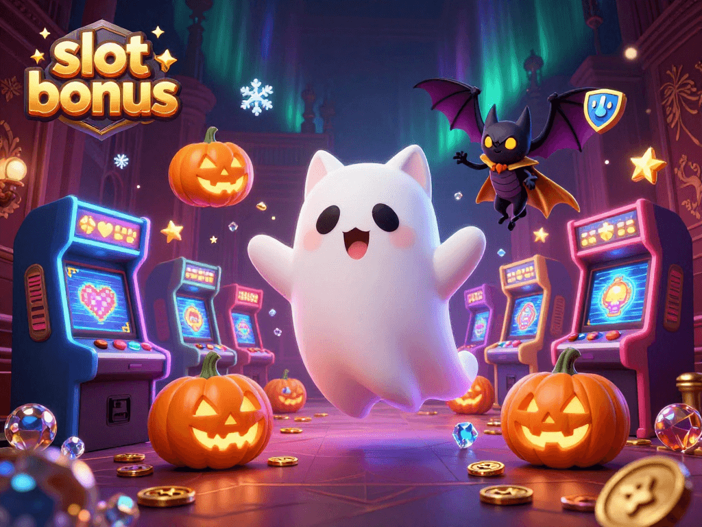 Engage in fun with slot bonus while a friendly ghost cat glides through a haunted casino.