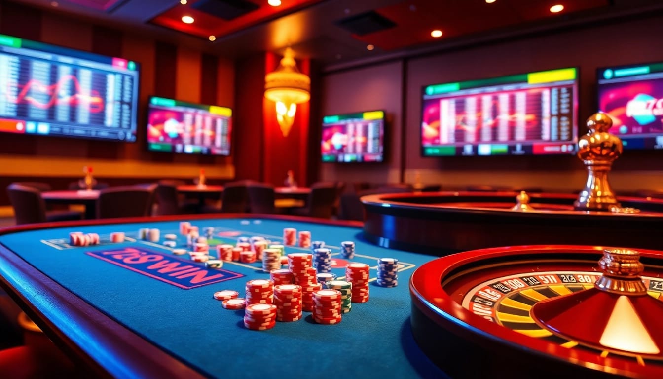Players enjoying poker at 789win casino with vibrant chips and a roulette wheel.