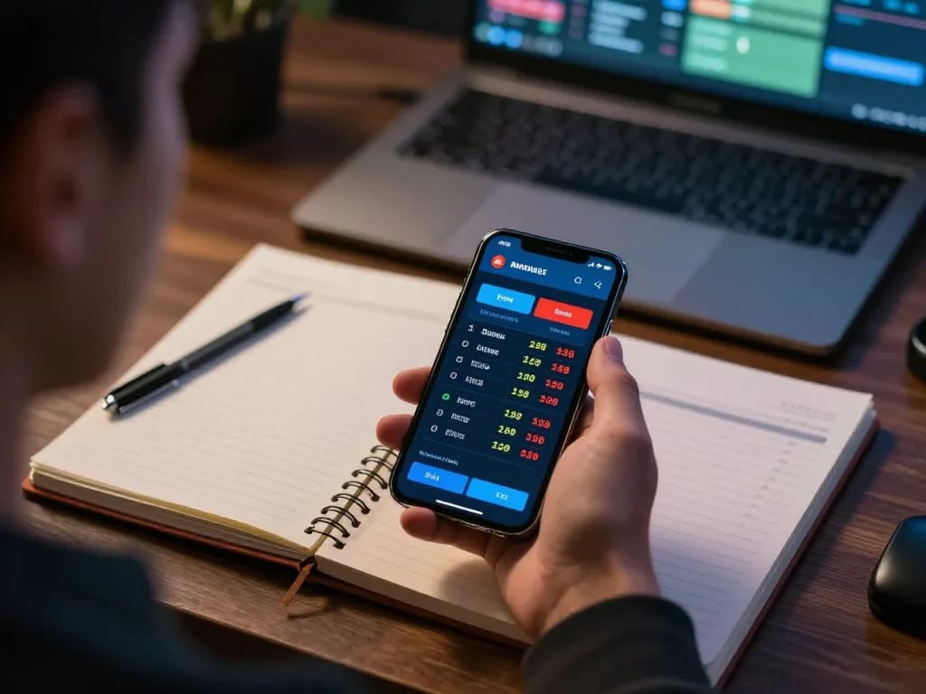 Kuwin user engaging in live sports betting with smartphone app and sports stats