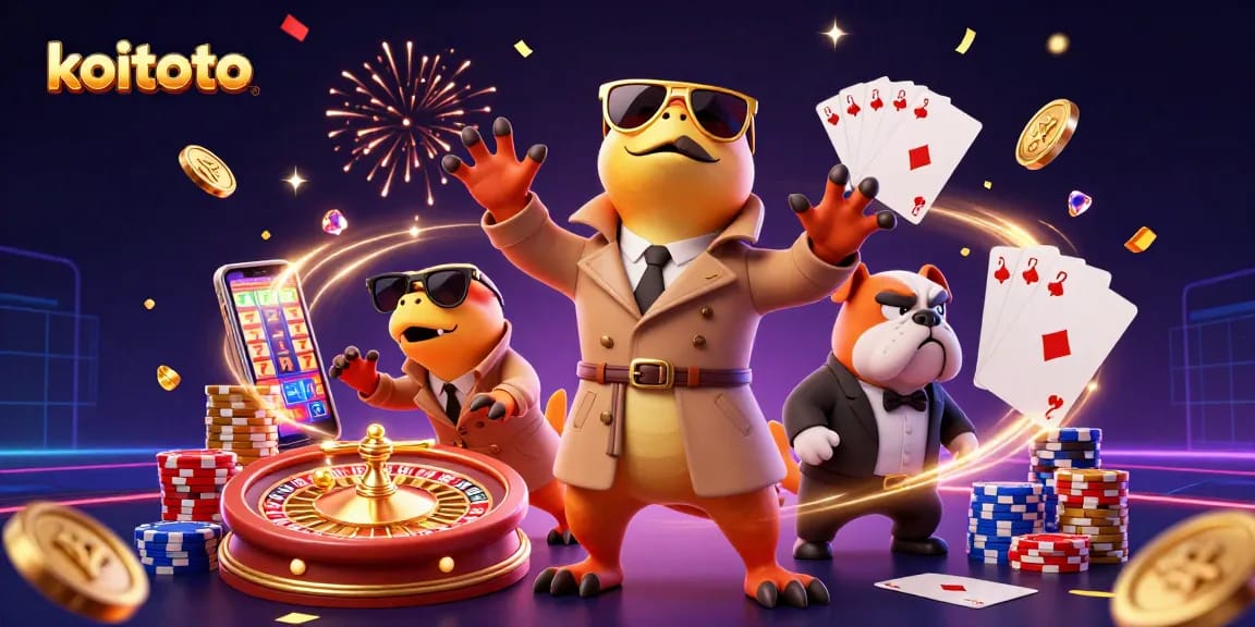 Koitoto delivers a thrilling casino experience with raptors in disguise entering a VIP lounge amidst festive casino elements.