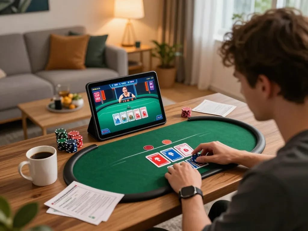 Fun88 online poker gameplay on a tablet in a cozy living room setting with warm lighting