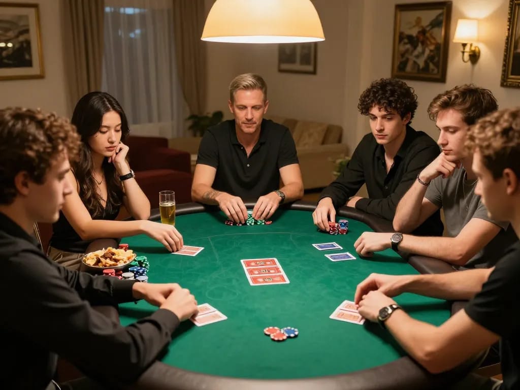 ku88 players strategizing in vibrant home poker game around a green felt table.
