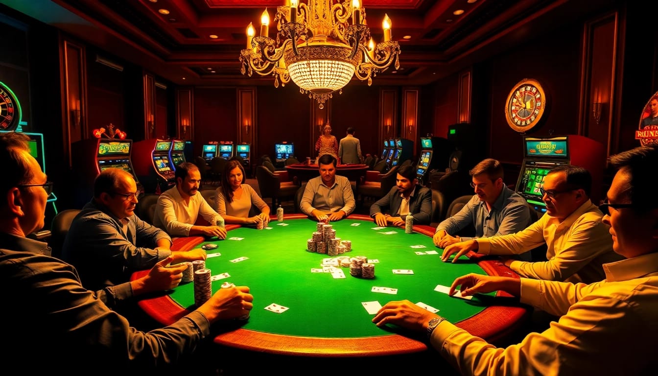 Gamblers enjoying high-stakes poker at LEGO138 casino with vibrant chips and cards.