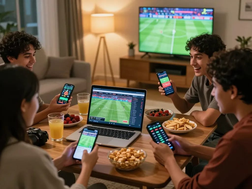 Sahabat menikmati judi bola online bersama, mendiskusikan strategi sepak bola dengan statistik langsung di layar.