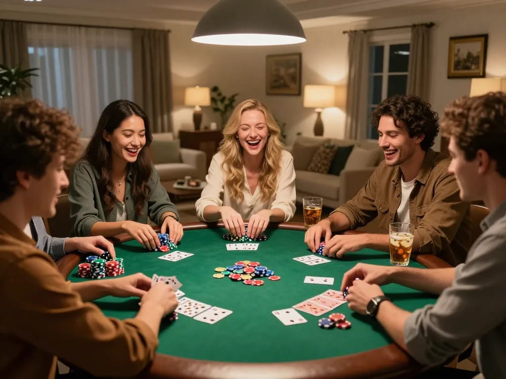 Friends enjoying a lively poker game at home, highlighting nk88 betting strategies and colorful casino elements.