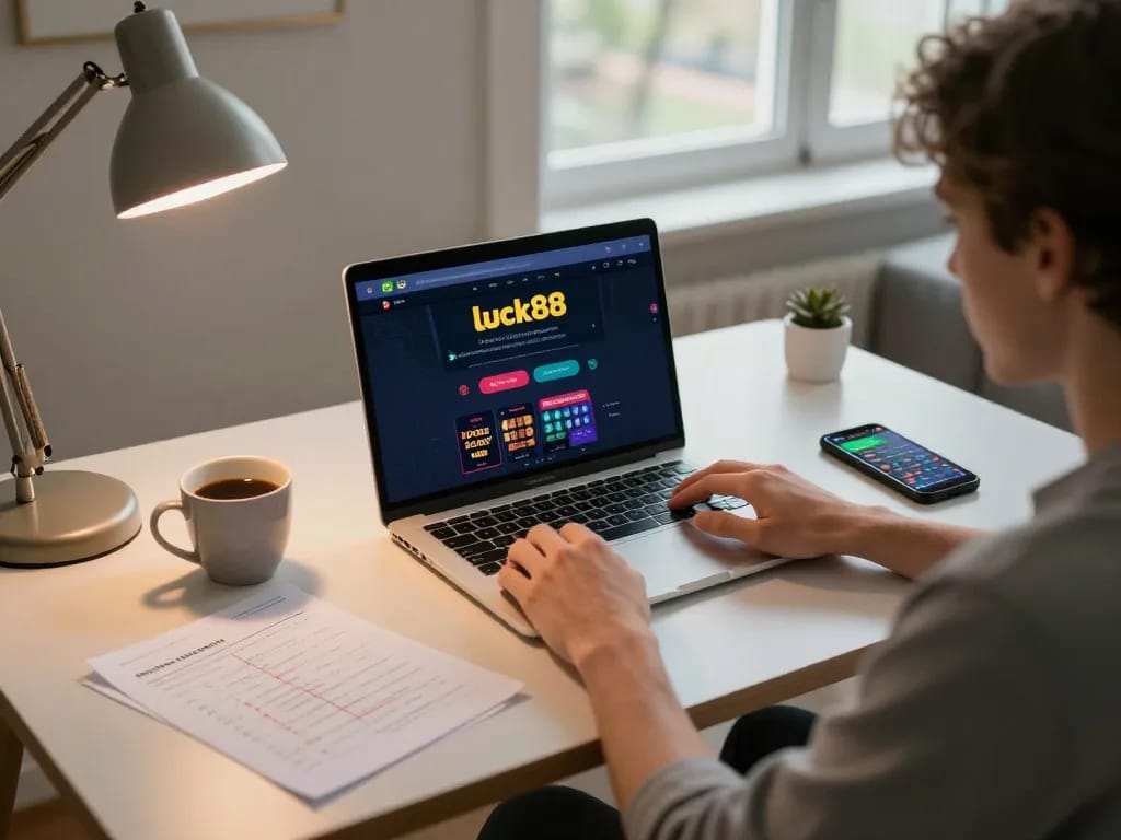 Engaging with luck88 games on a laptop in a cozy home office setting, showcasing strategic betting.