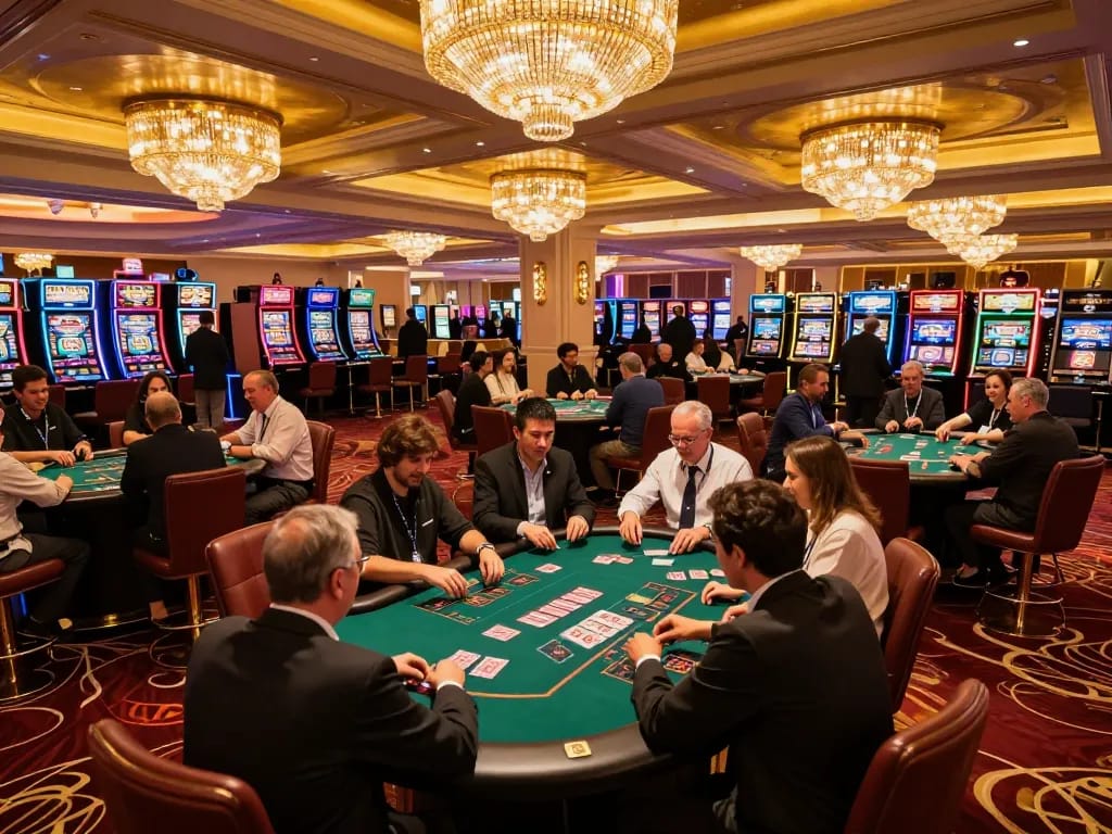 Experience the excitement of qh88 at a vibrant Vegas casino with players enjoying blackjack.
