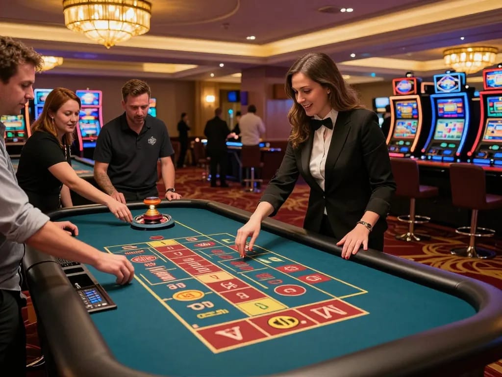 3WIN players excitedly placing bets at a roulette table in a luxury casino.