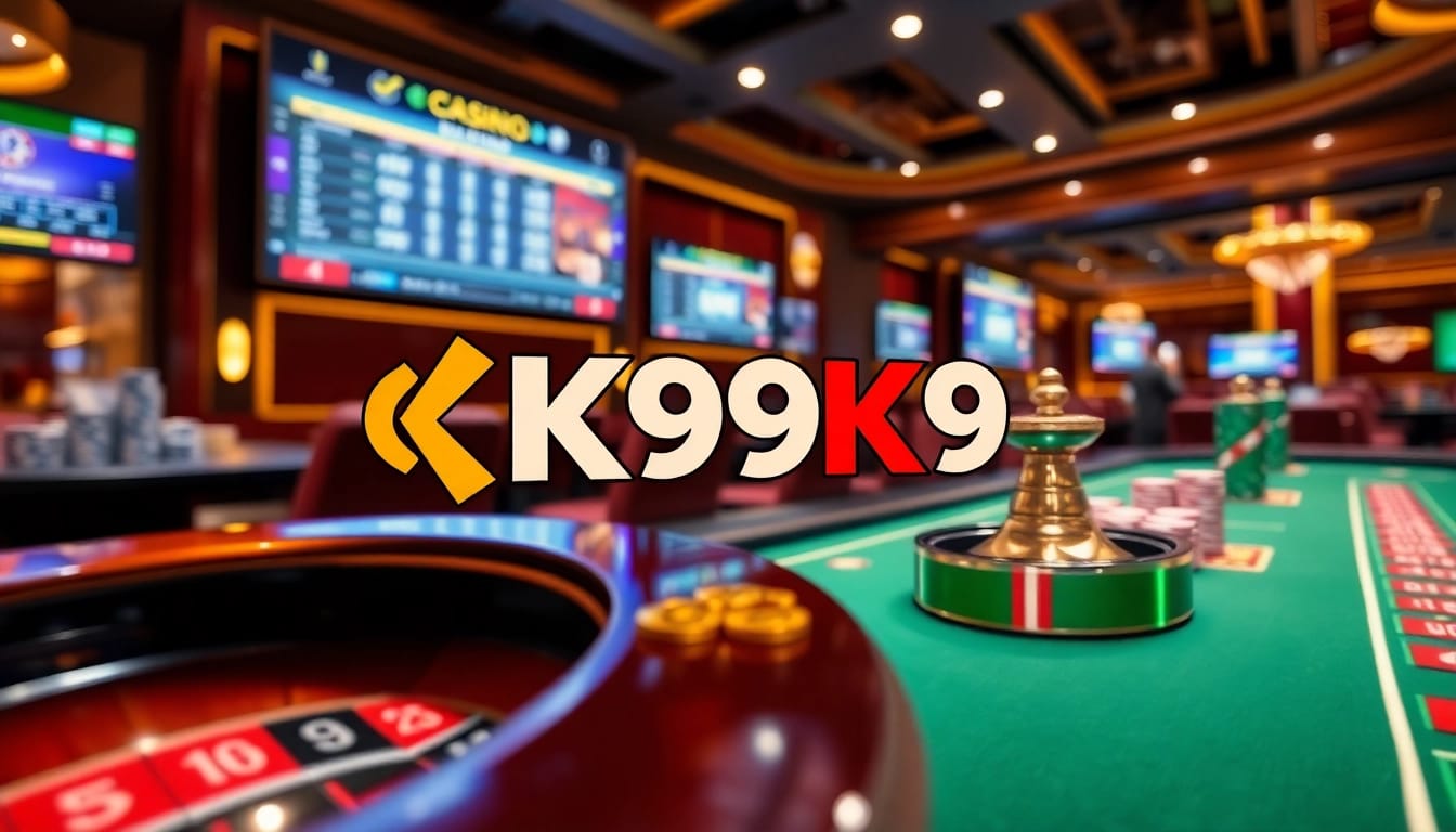 K9K9 logo shines amidst vibrant poker chips and a sparkling roulette wheel in an upscale casino.