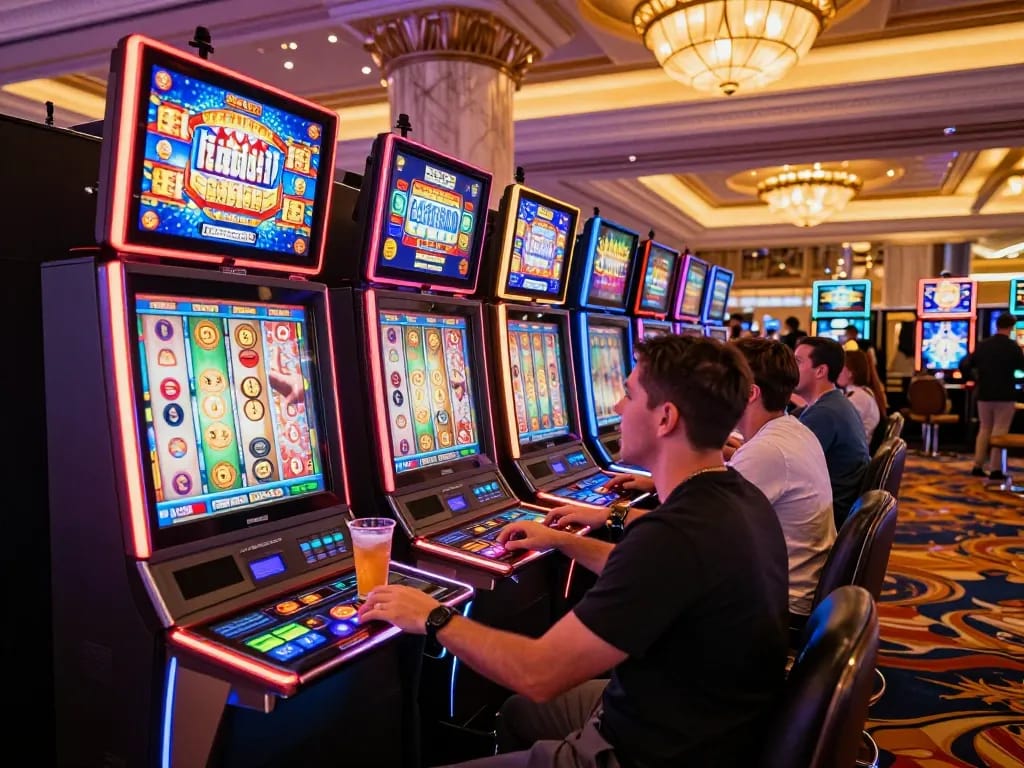 Pemain menikmati permainan dinamis di mesin slot vibrant VM777 dalam suasana kasino mewah