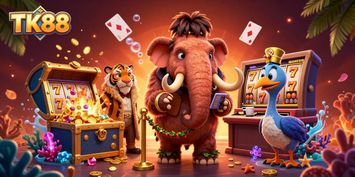 Experience thrilling gameplay at TK88 with vibrant casino scenes featuring a mammoth bouncer and magical treasures.