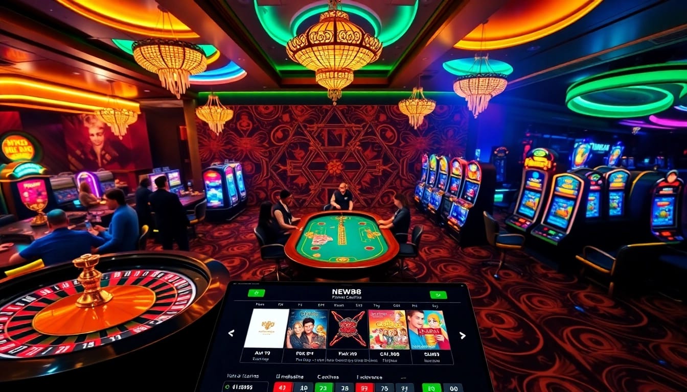 WIN big with NEW88 as vibrant casino tables glow under neon lights.