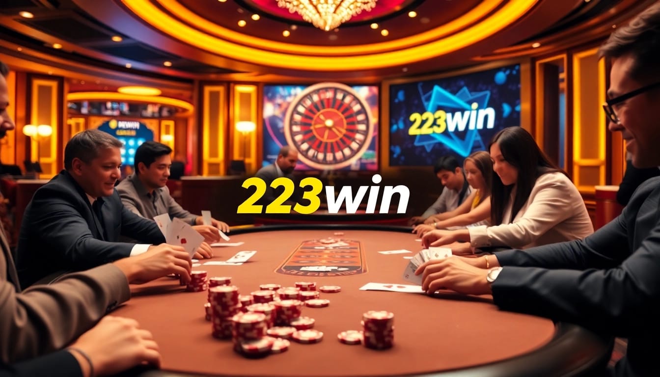 Engaged players at a 23win casino poker table showcasing excitement and luxury in a vibrant atmosphere.