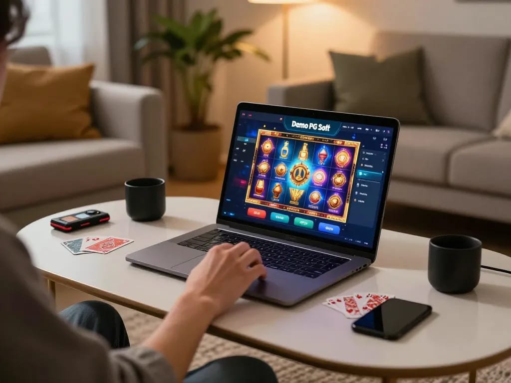 Berinteraksi dengan slot Demo PG Soft di laptop di rumah dalam suasana yang nyaman.