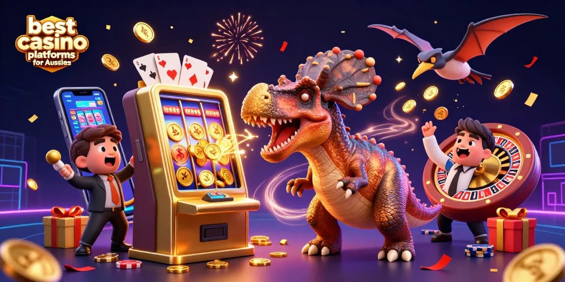 Engaging scene showcasing the best casino platforms for Aussies with golden coins and vibrant casino elements.