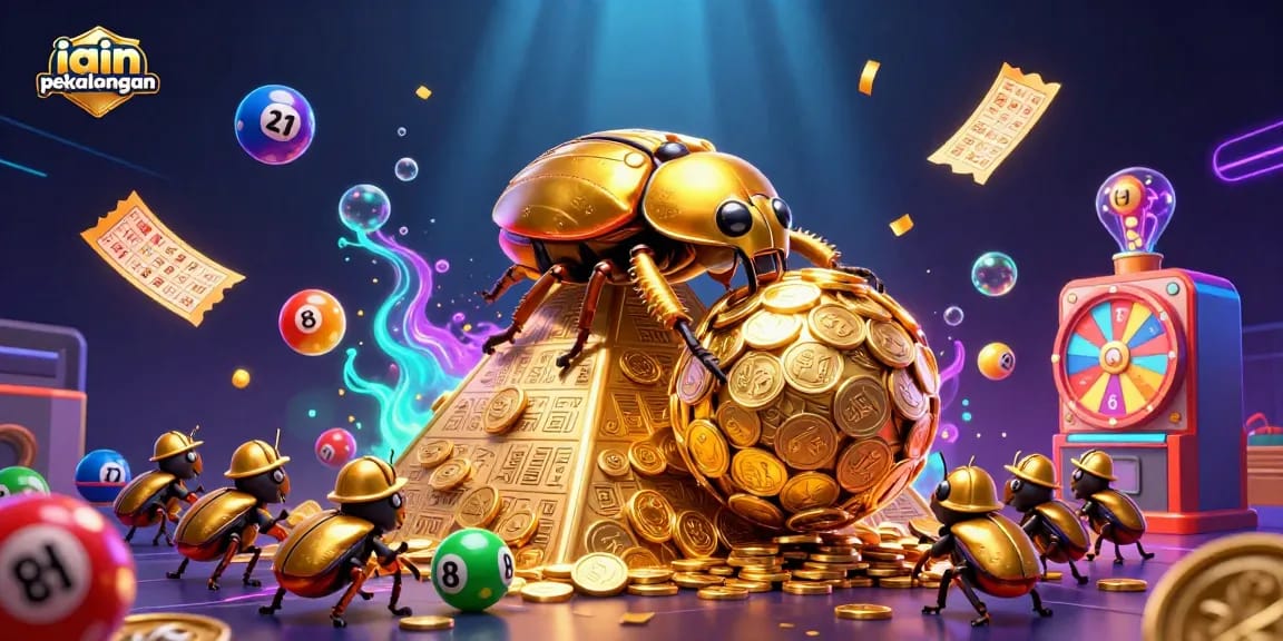 Watch as the iain pekalongan-themed golden dung beetle rolls a treasure of coins through a vibrant gambling scene.