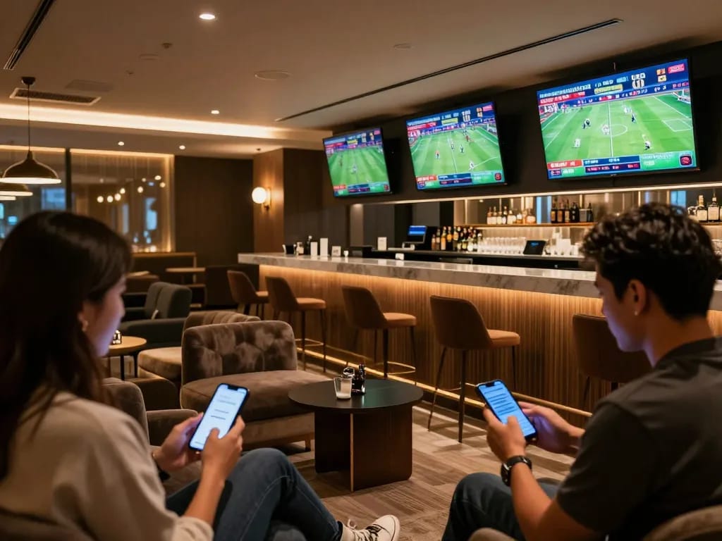 Betting on sports at uu88's stylish lounge with patrons engaging actively.