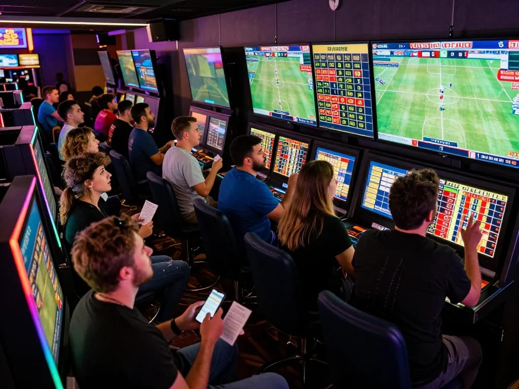 JUN88 bettors engaged in live sports betting, excitement and strategy captured in a vibrant casino atmosphere