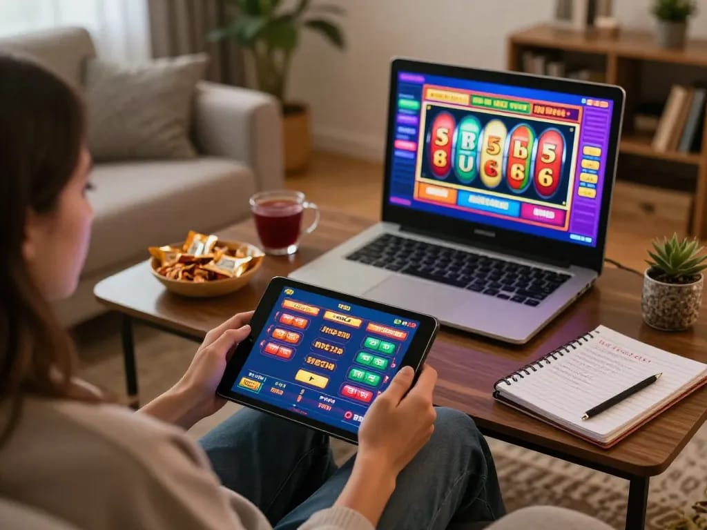 Engaging in thrilling online gameplay at Say88 with a tablet showcasing colorful slots and strategic notes nearby.