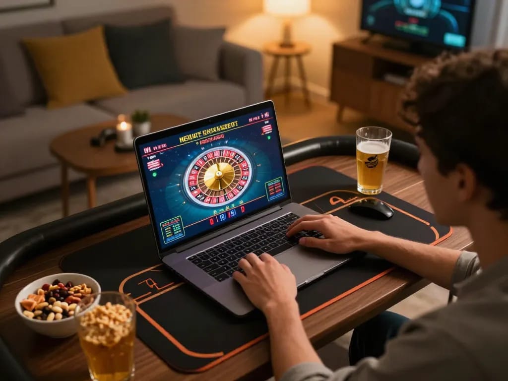 Engaged player enjoying live casino gameplay on laptop; Luck8 trang chủ experience.