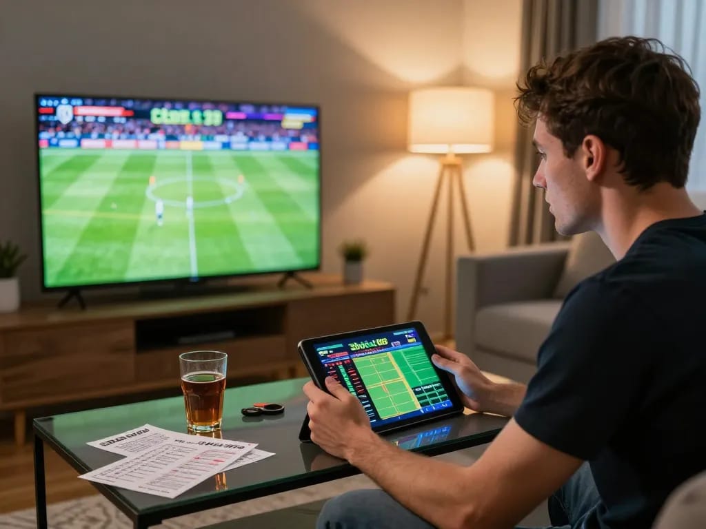Engaged sports bettor using sbobet88 to place bets while watching a live match