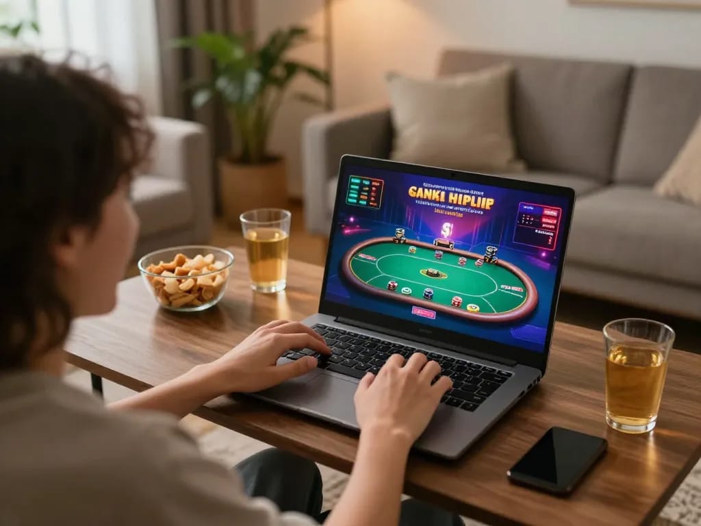 Engaged player enjoying beste casinoer uden rofus in cozy home setting with online poker game shown on screen