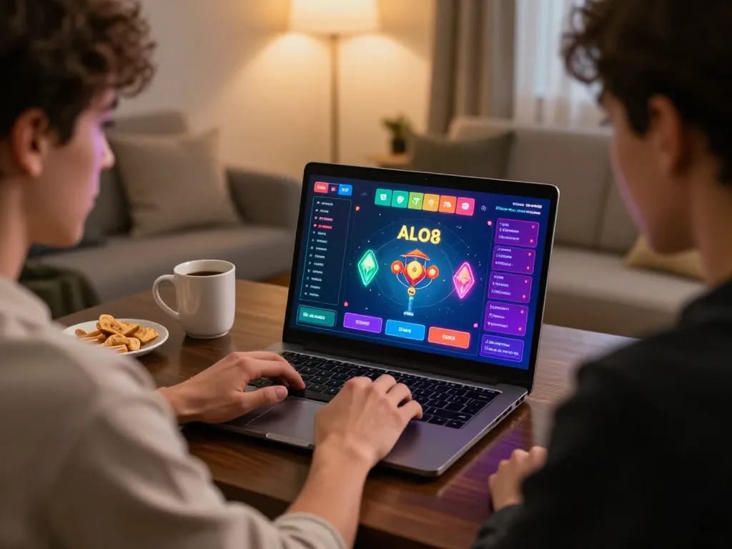 Gamer engaging with ALO8 online casino on a laptop, enjoying strategic gameplay in a cozy home setting