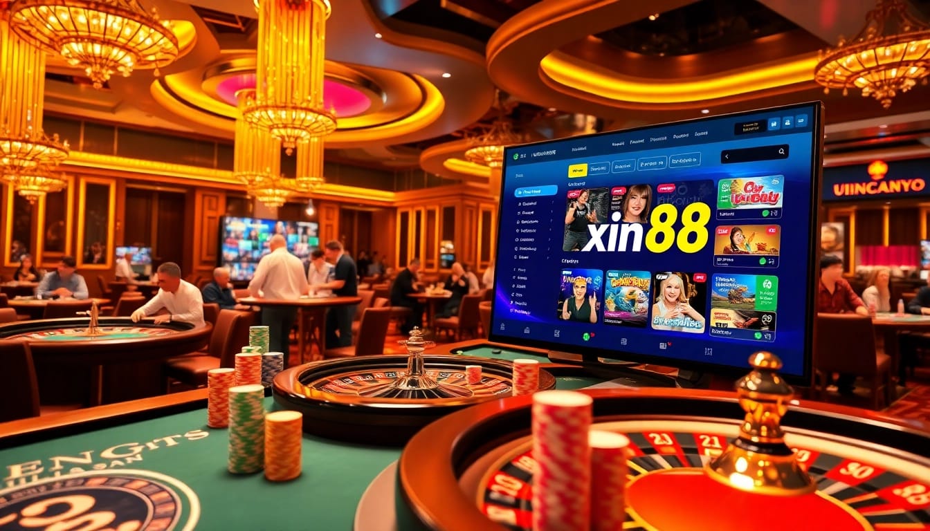 Action-packed casino scene featuring xin88's vibrant gaming atmosphere with poker tables and roulette wheels.