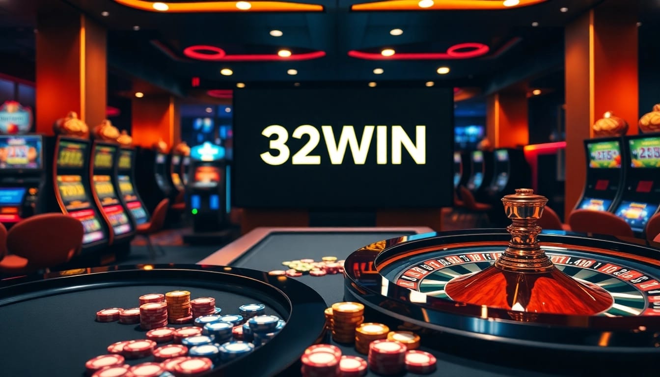 Exciting online gambling action at 32WIN featuring roulette and poker chips in a luxurious casino.