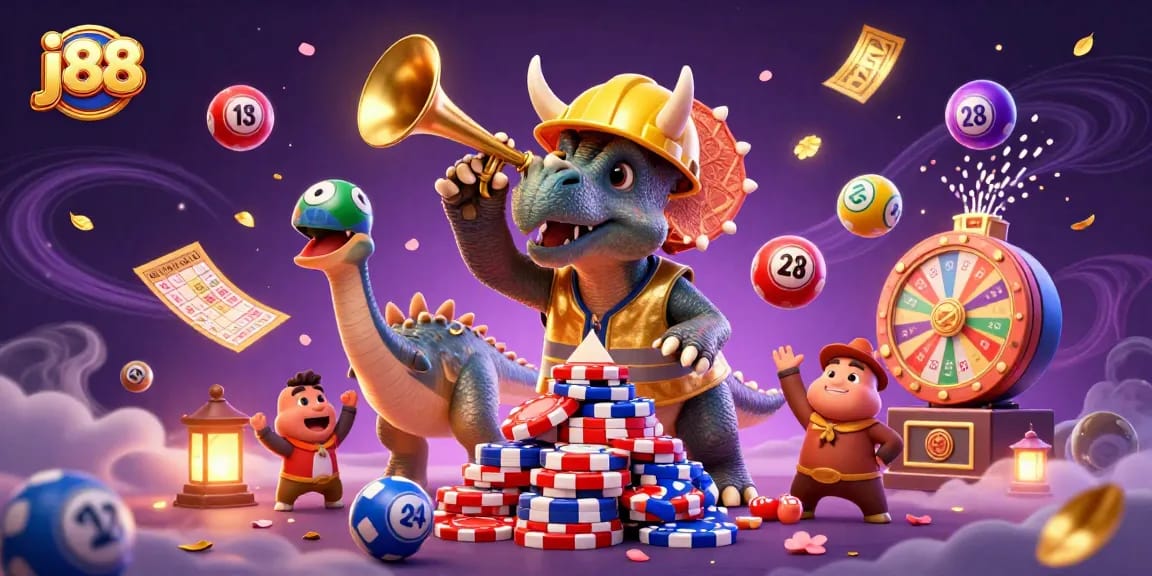 Win big with j88 as festive characters celebrate around vibrant lottery and casino elements.