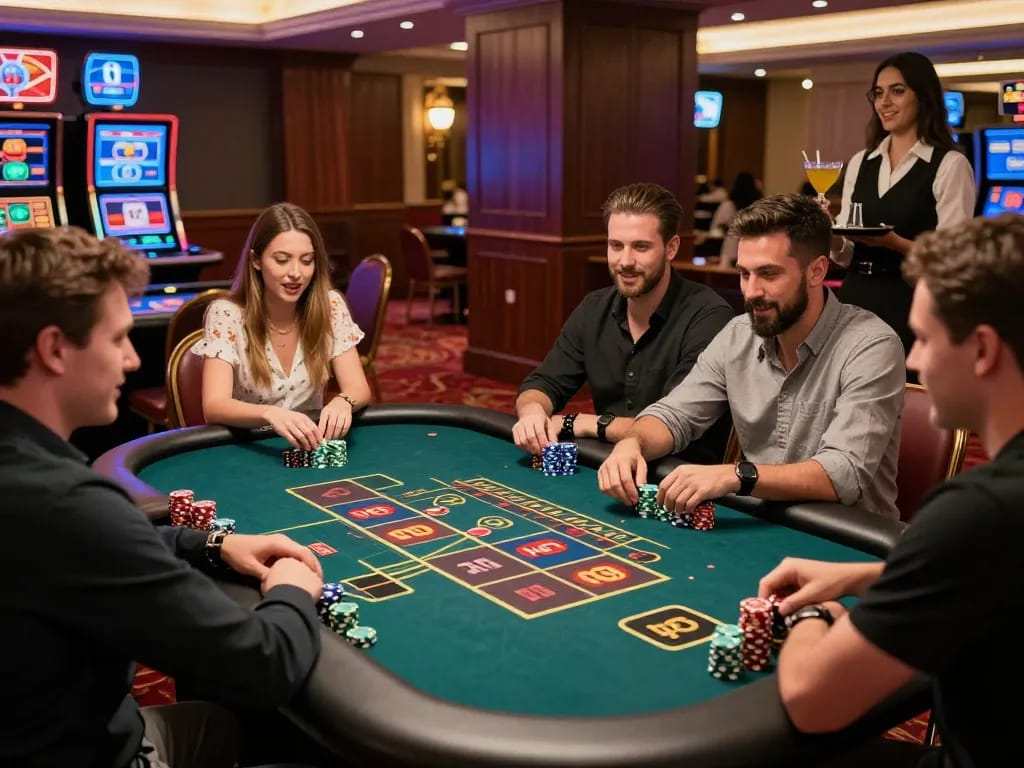 Kuwin gaming experience with friends at a vibrant casino table during a game of Xóc đĩa.