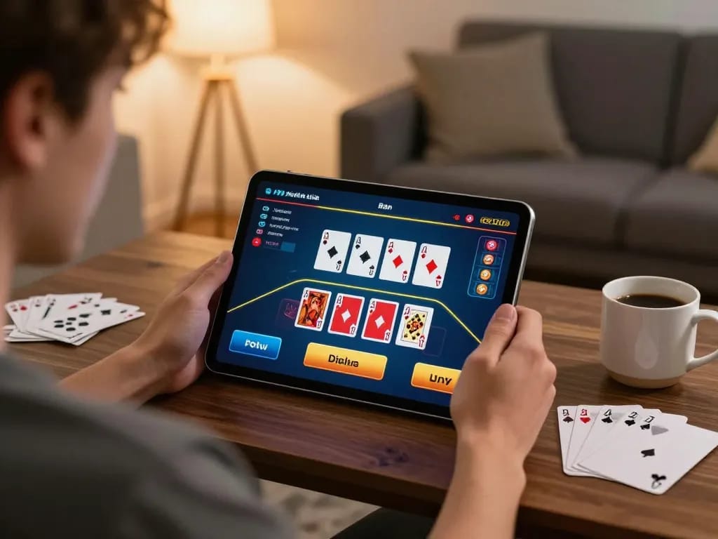 Person plays live dealer blackjack on KP88 tablet in cozy home setting, focusing on strategy.