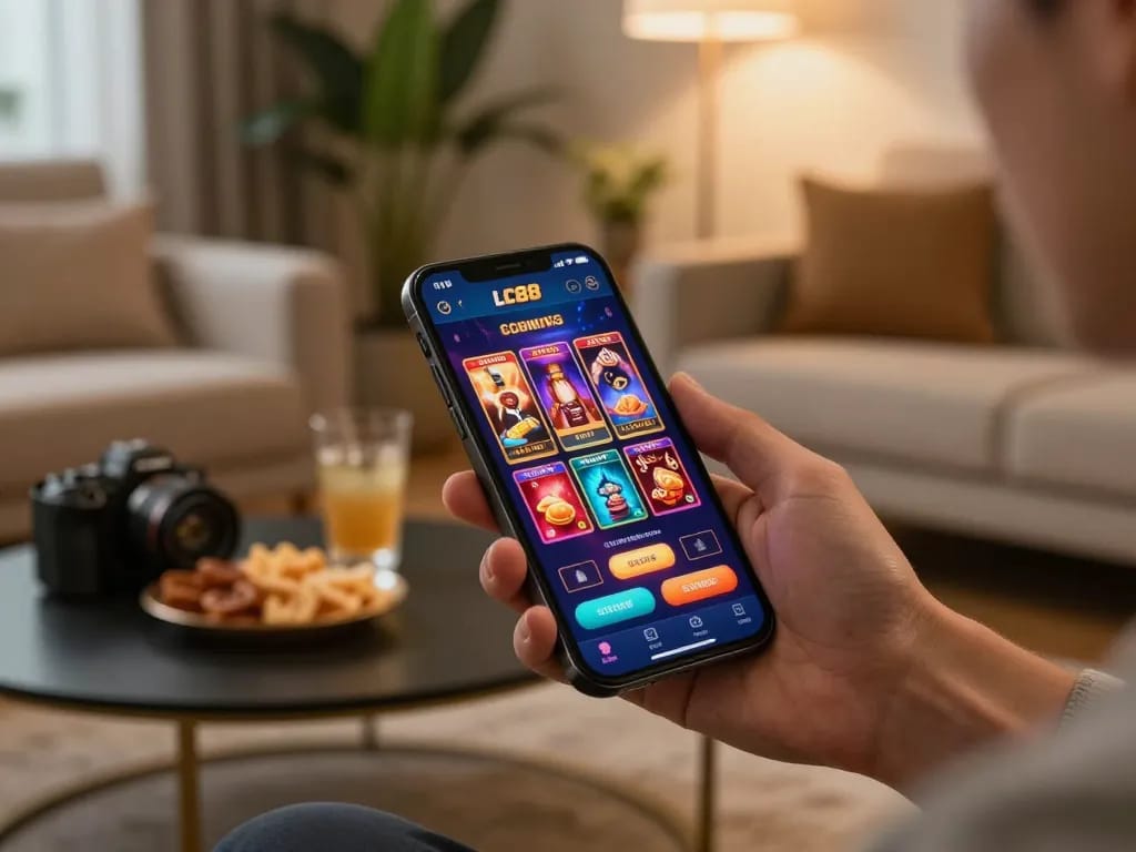 Engaging with the LC88 casino app on a smartphone in a stylish home setting.