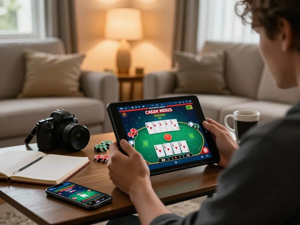 Engaged gamer at home using a tablet for South African Online Casinos, showcasing poker strategy in a cozy room.
