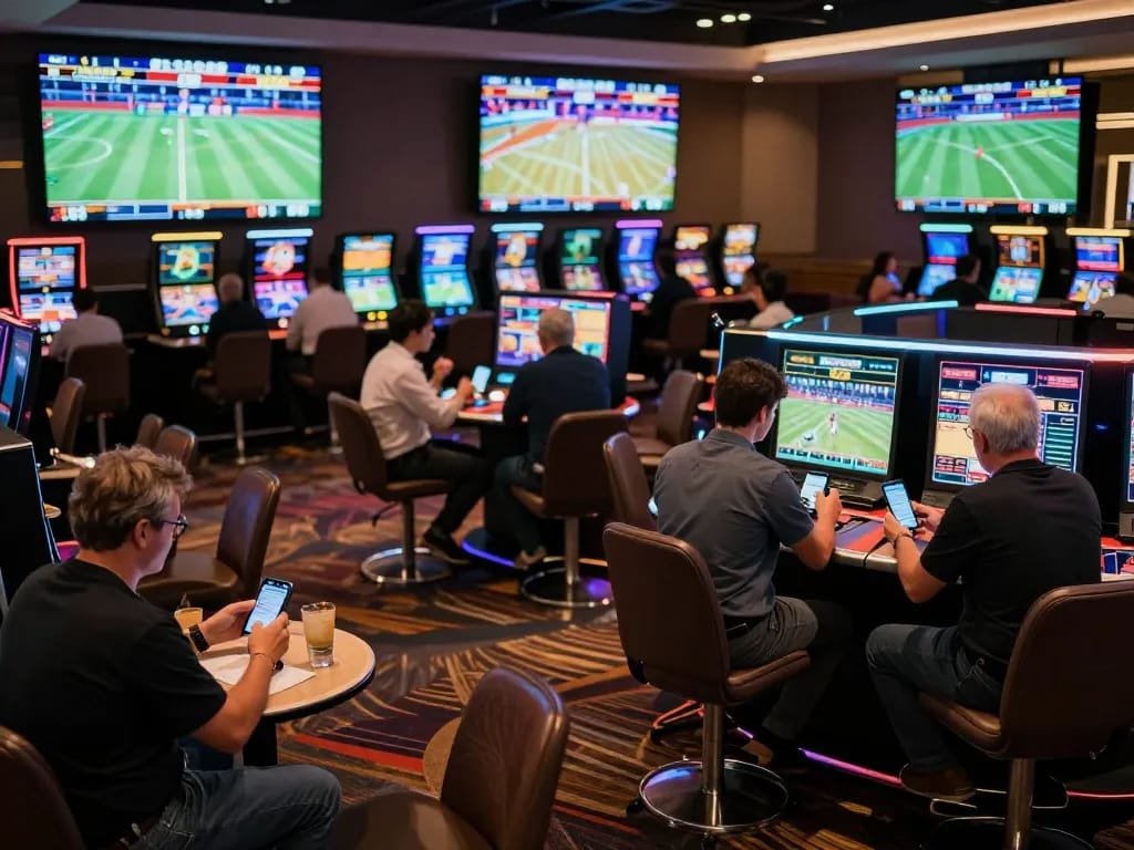Keonhacai5 users engaging in live sports betting at a dynamic casino venue, showcasing excitement and strategy.