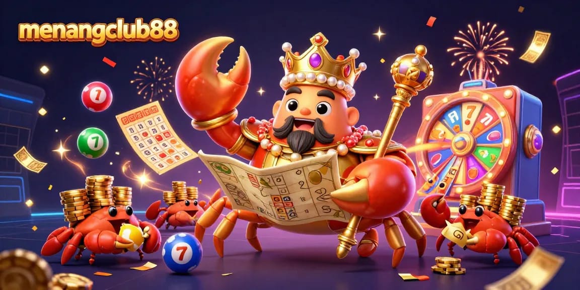 Engage with menangclub88 in a vibrant casino scene featuring a golden crab emperor and lottery elements.
