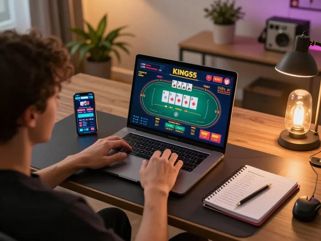 Pengguna KING55 terlibat dalam permainan kasino online, menampilkan pengaturan bermain yang nyaman dengan laptop dan catatan strategi.
