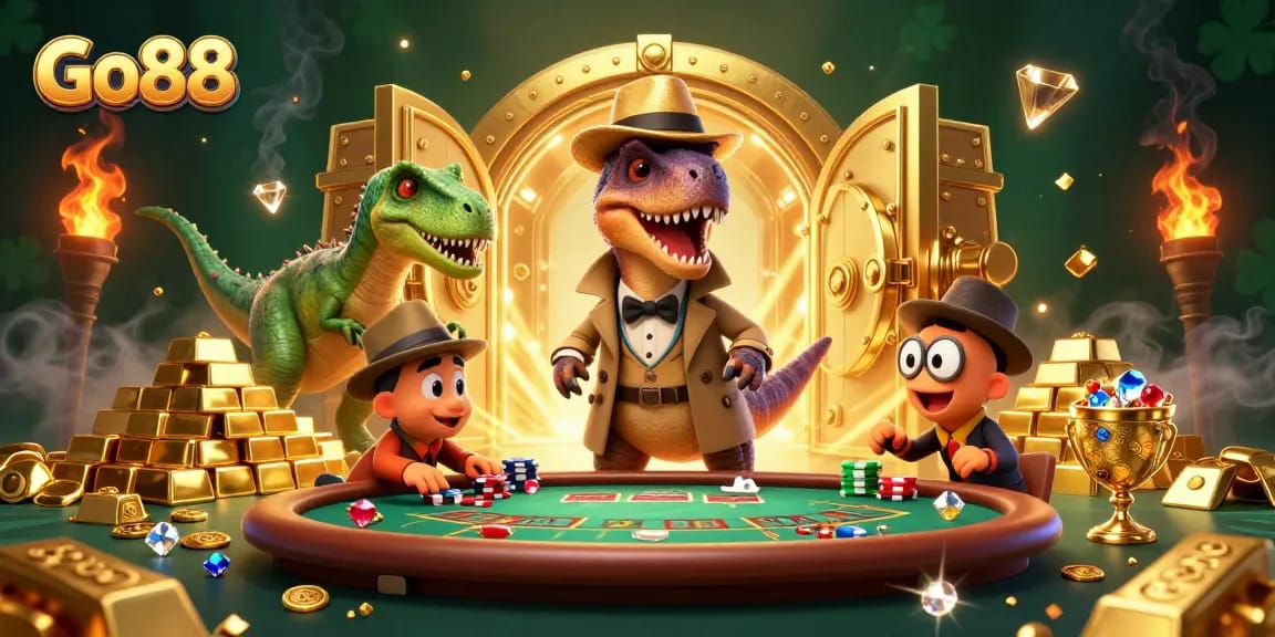 Engage in the exciting world of Go88 with a velociraptor card counter at a blackjack table amidst golden treasures.