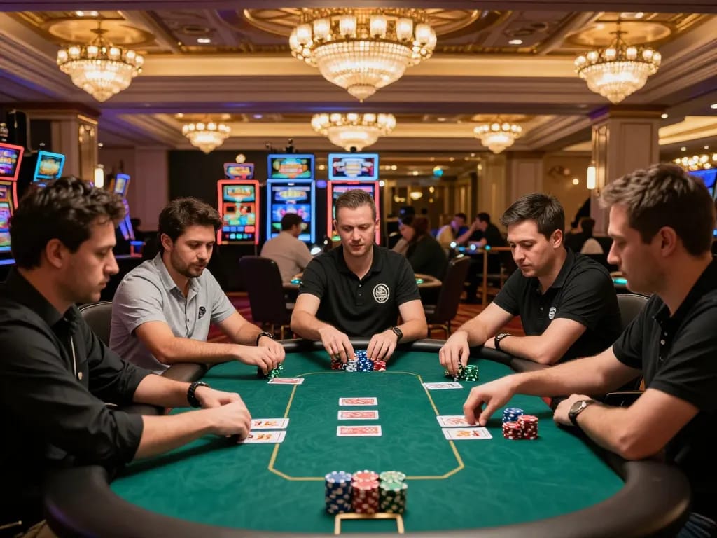Engaging poker action at best online casinos with players strategizing their next moves over stacked chips and cards