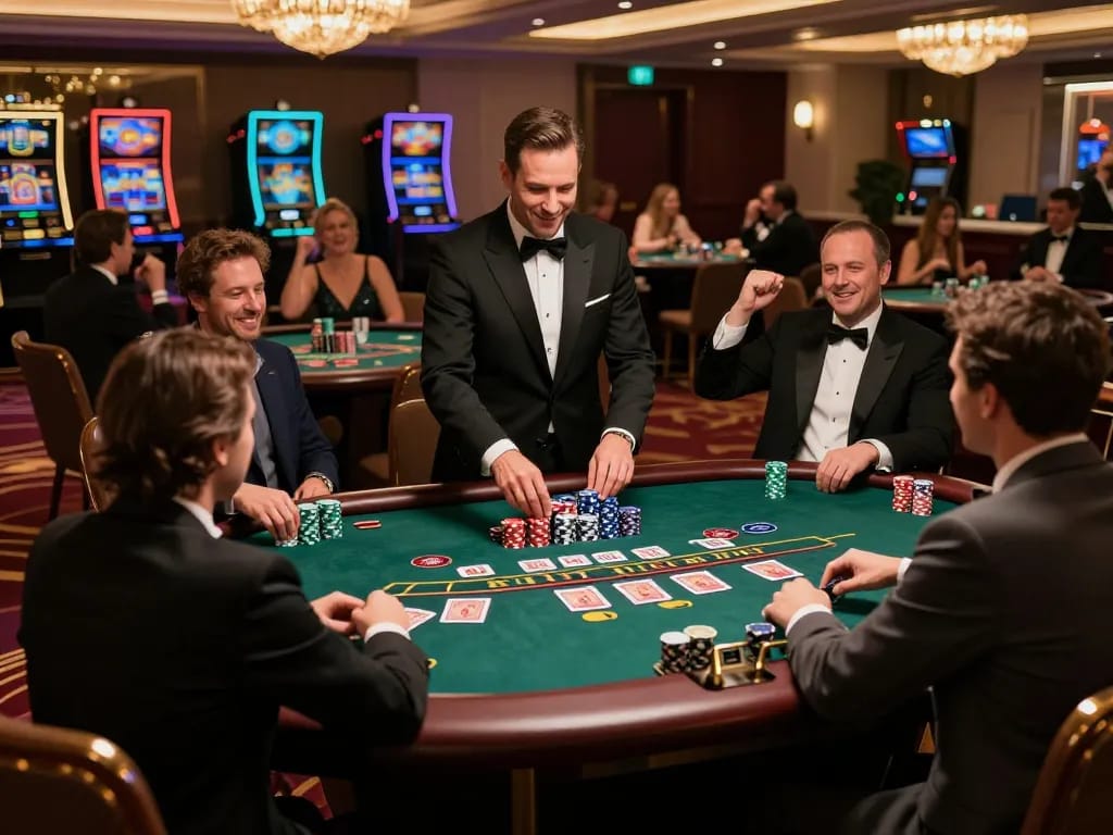 Experience thrilling blackjack gameplay sul sito with engaged players and professional dealers in an upscale casino.