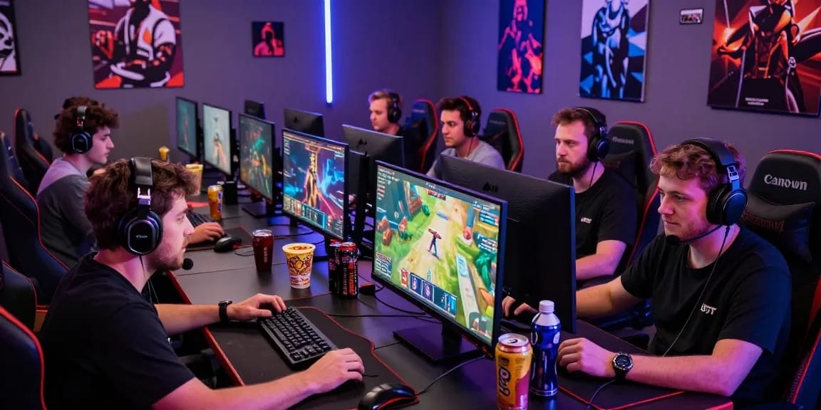 Engaged players in an online gaming session at mahajitu, showcasing vibrant gaming setups.