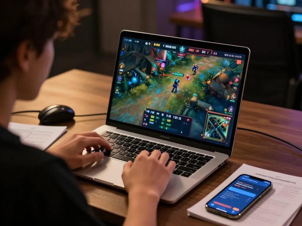 Engaging in esports betting Singapore with dynamic gameplay on laptop and mobile app.
