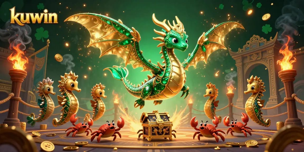 Kuwin online gaming scene showcasing a mythical sea dragon and vibrant treasure elements