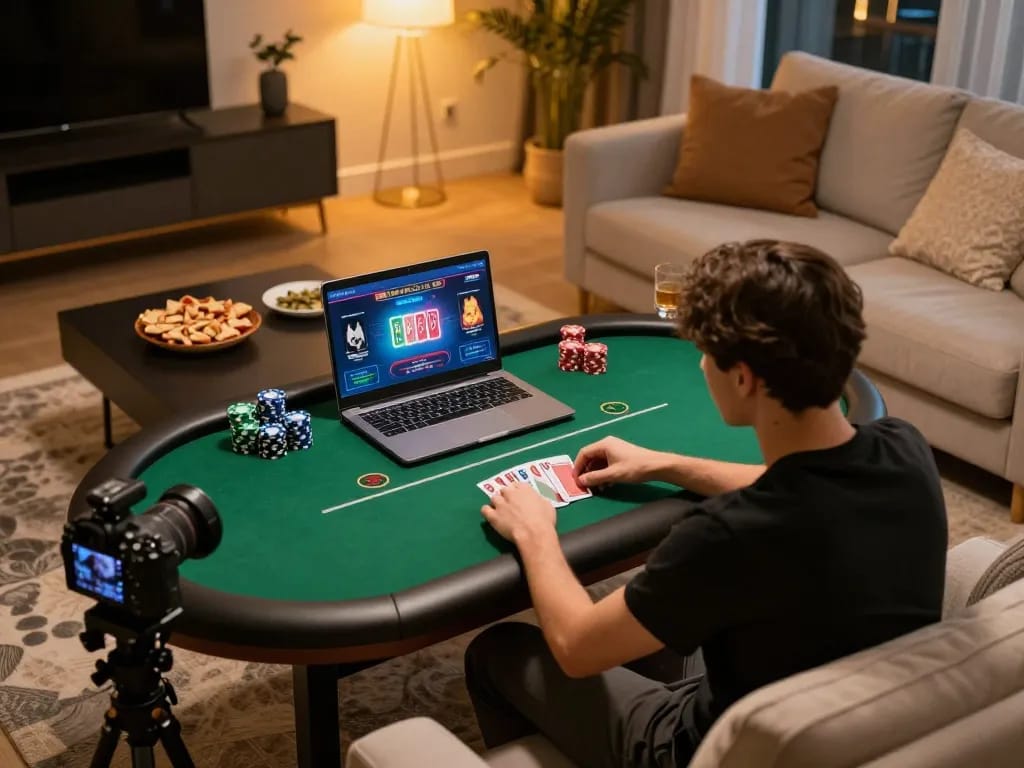 Player enjoying an online poker game on a laptop at home, illustrating responsible gaming habits with snacks and drink, lmhistory