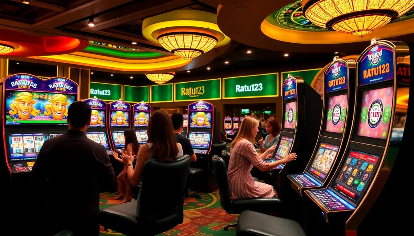 Pemain bersemangat menikmati mesin slot Ratu123 dalam suasana kasino yang hidup dan penuh warna.