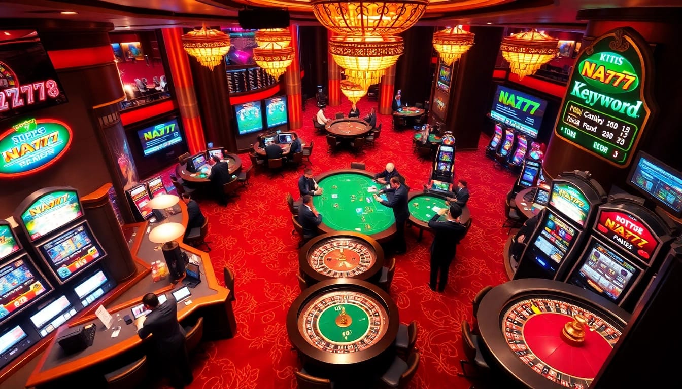 NA777 brings excitement to the casino experience with players enjoying poker tables and slot machines.