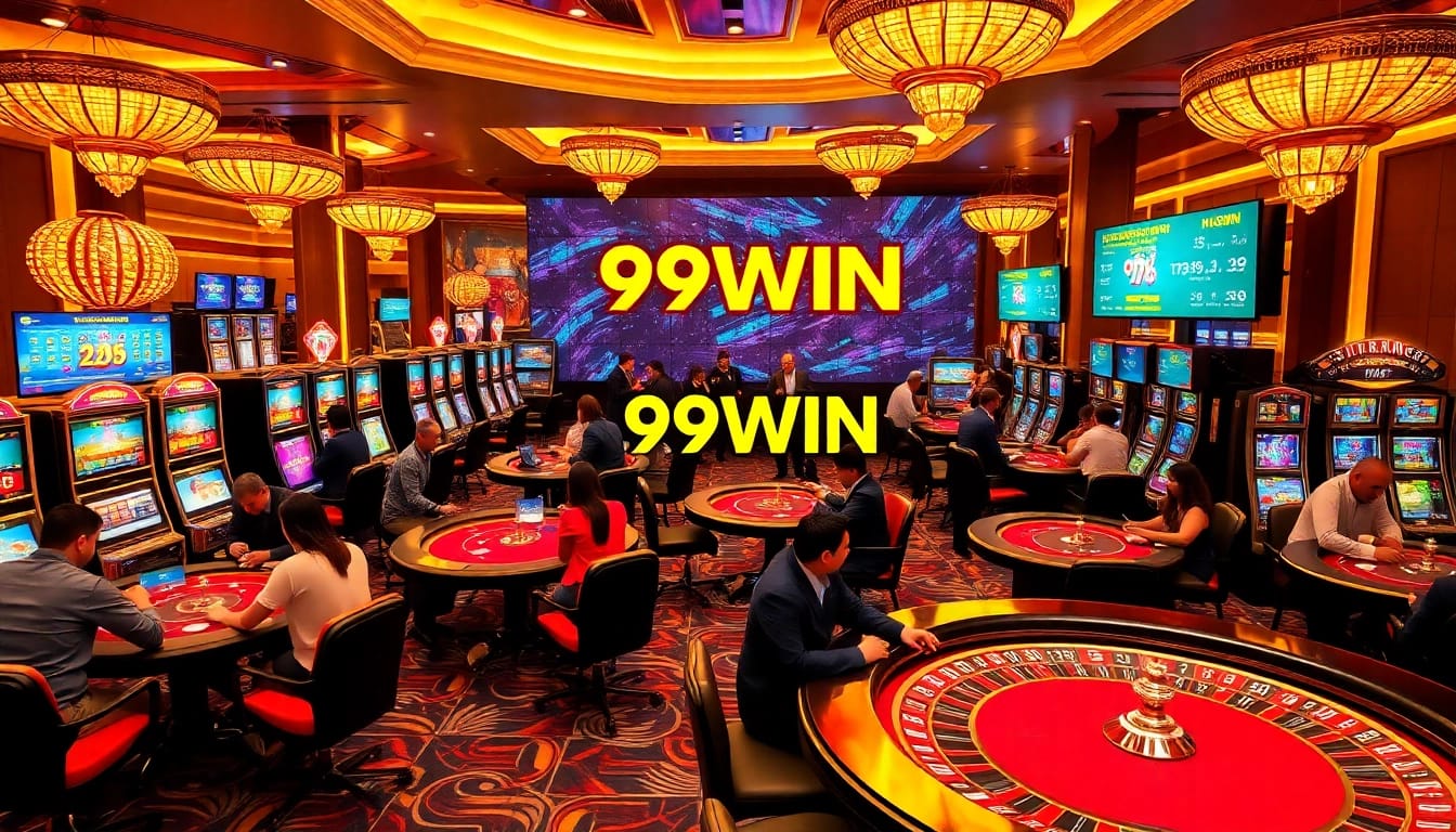 Engaging action at the 99WIN casino scene with players at poker tables under warm lighting.