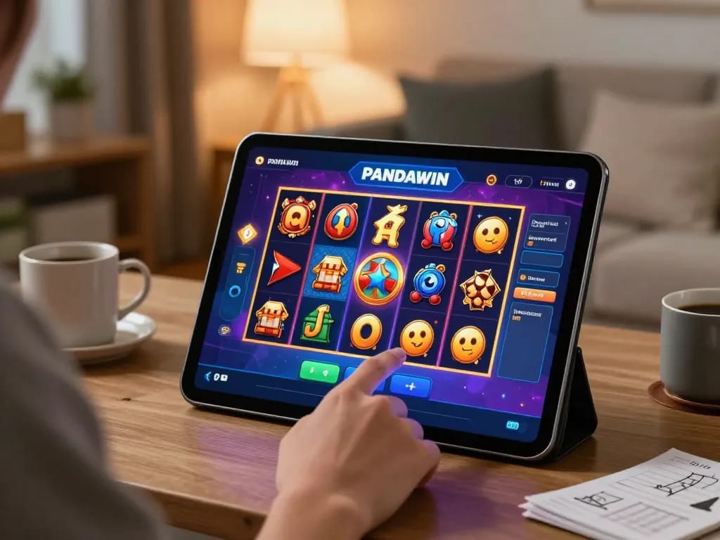 Pengguna PANDWIN terlibat dengan slot 3D HD yang hidup di tablet di lingkungan rumah yang nyaman