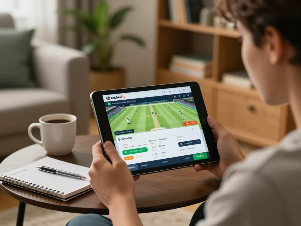 Engaging live betting on the Crickexfit app in a cozy setting while analyzing match odds and strategies.