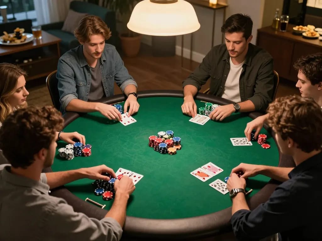Friends enjoying a home poker game at the may88 table with vibrant chips and cards visible.